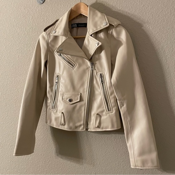 Zara Beige Faux Leather Biker Moto Jacket Sz:XS - Picture 3 of 7